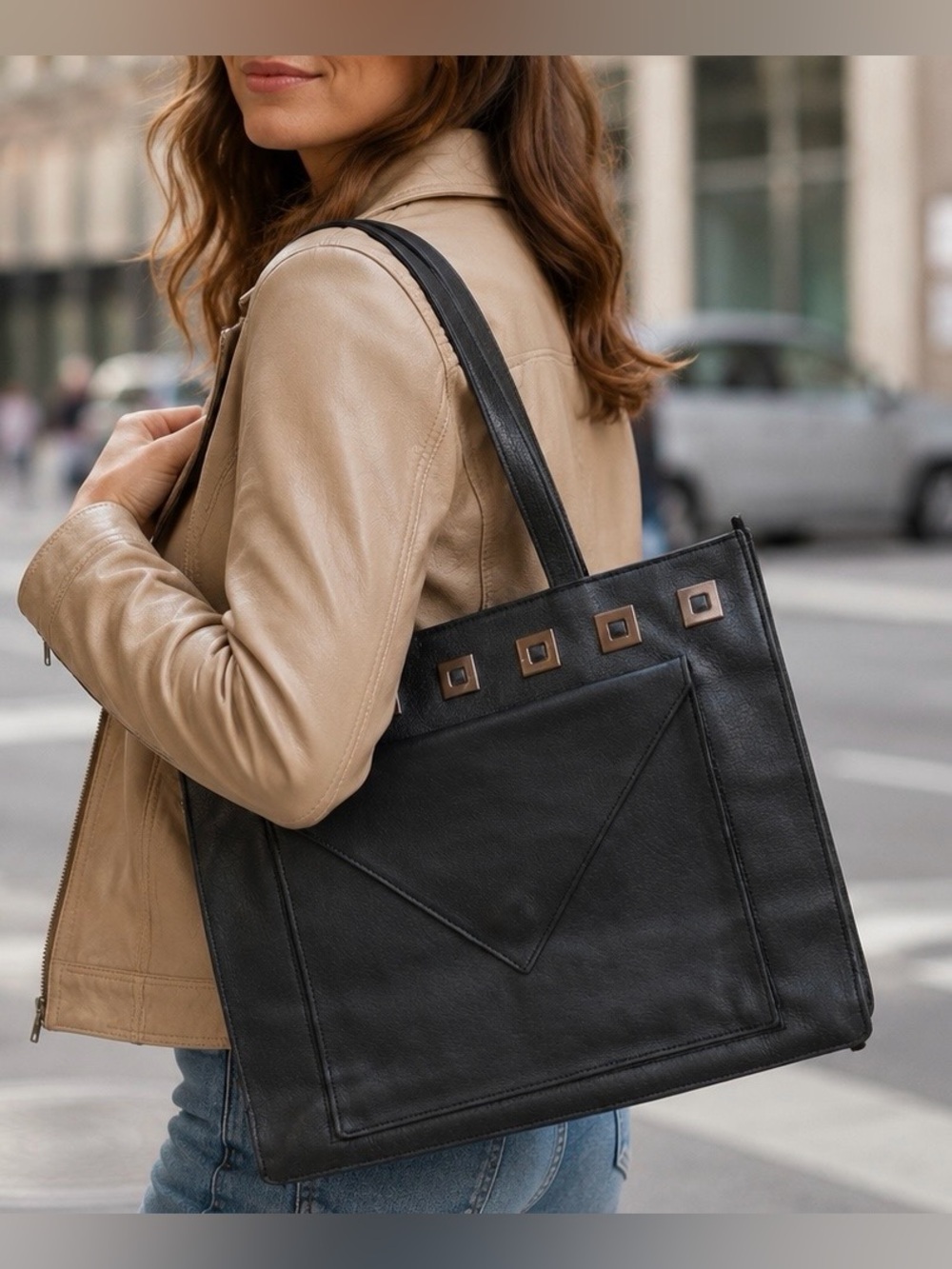Yves Saint Laurent Black Leather Shoulder Tote with Envelope Pocket.